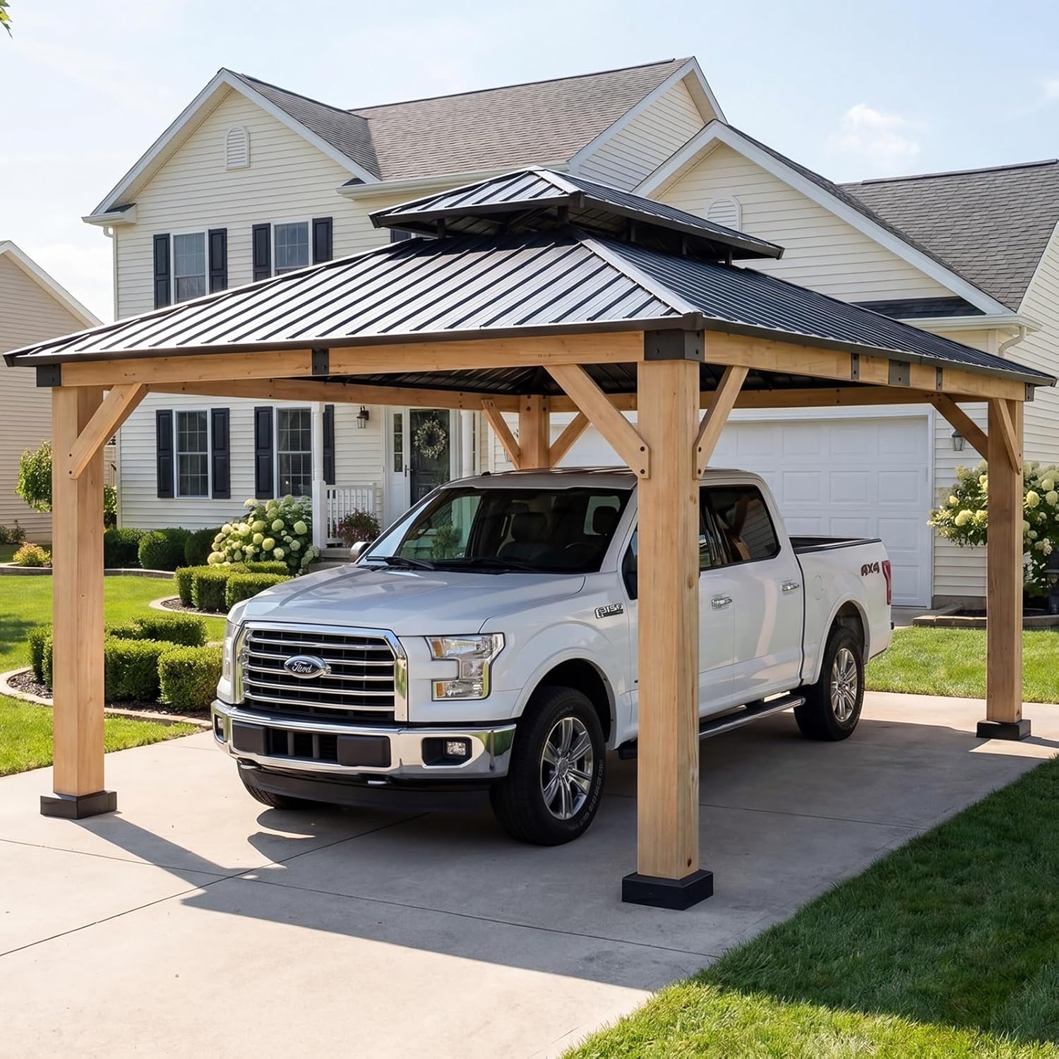 Aoxun 12x16 Carport Review: Honest Pros & Cons Worth Buying? 1 Aoxun 12x16 carport review — full package contents showing cedar wood frame components, galvanized steel roof panels, hardware bags, and assembly manual